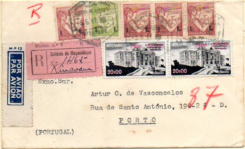0459.jpg -     Lote:    459            Moçambique       Descrição:         1933 &mdash; Lusíadas + 4.º Centenário de Lourenço Marques com sobretaxa. Sobrescrito circulado registado de Xinavane (03.06.47) para o Porto (14.06.47) com trânsito por L. Marques (04.06.47) com selos de CE283 (4), 286 e 318 (2). Carimbo hexagonal batido a preto de XINAVANE.        Carta       Valor Base:     &euro; 30,00     Valor Venda:     &euro; 30,00     