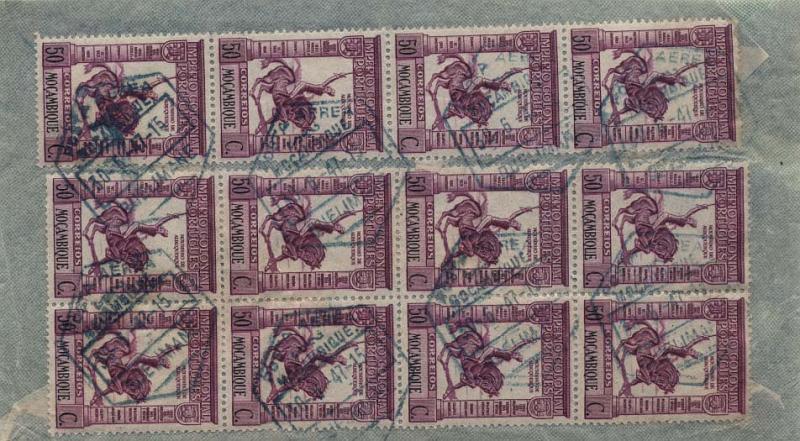 0461.jpg -     Lote:    461            Moçambique       Descrição:         1938 &mdash; Império Colonial Português. Sobrescrito circulado de Quelimane (30.04.47) para Manchester, com 2 blocos (8+4) de 50 ctvs CE297 no verso, obliterados com carimbo de Quelimane batido a azul esverdeado.        Carta       Valor Base:     &euro; 15,00     Valor Venda:     Retirado     