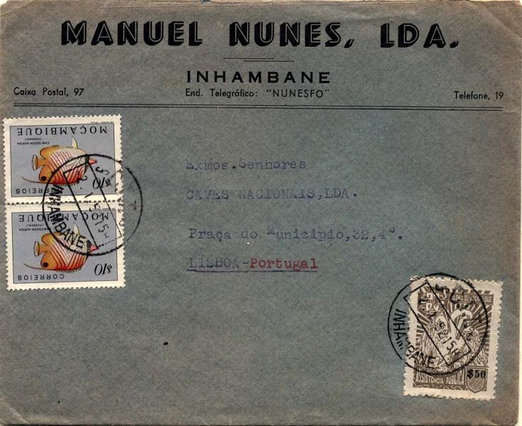0462.jpg -     Lote:    462            Moçambique       Descrição:         1952 &mdash; Peixes de Moçambique + Imposto Postal, tipo "Pelicano", legenda Colónia de Moçambique. Sobrescrito circulado aberto com impressos de Inhambane (02.01.52) para Lisboa, com 2 selos de $10, CE357 + imposto postal CE 49, $50 castanho cinzento.         Carta       Valor Base:     &euro; 20,00     Valor Venda:     &euro; 110,00     