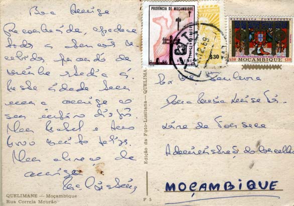 0463.jpg -     Lote:    463            Moçambique       Descrição:         1958/1965 &mdash; Imposto Postal * Assistência Pública + Rede de Telecomunicações. Postal ilustrado circulado de Quelimane (23.12.69) para Moçambique com selos CE516, IP58 e 68.        PI       Valor Base:     &euro; 15,00     Valor Venda:     &euro; 15,00     