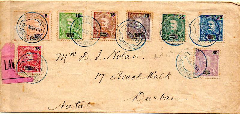 0464.jpg -     Lote:    464            Lourenço Marques       Descrição:         1898/1901 &mdash; D. Carlos I tipo Mouchon. Sobrescrito circulado registado de Lourenço Marques (03.03.1900) com selos de 5, 10, 15, 20, 25, 50, 75 e 80 reis = 280 reis (7.º porte + registo), para Durban. Censurado. B e R.        Carta       Valor Base:     &euro; 125,00     Valor Venda:     &euro; 130,00     
