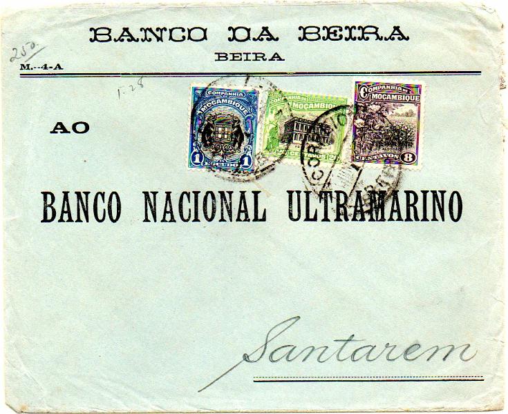 0469.jpg -     Lote:    469            Companhia de Moçambique       Descrição:         1918/25 &mdash; Motivos locais. Sobrescrito circulado da Beira para Santarém (08.06.36) com selos de 8c, 20c e 1E, CE125, 128 e 160.         Carta       Valor Base:     &euro; 15,00     Valor Venda:     &euro; 16,00     