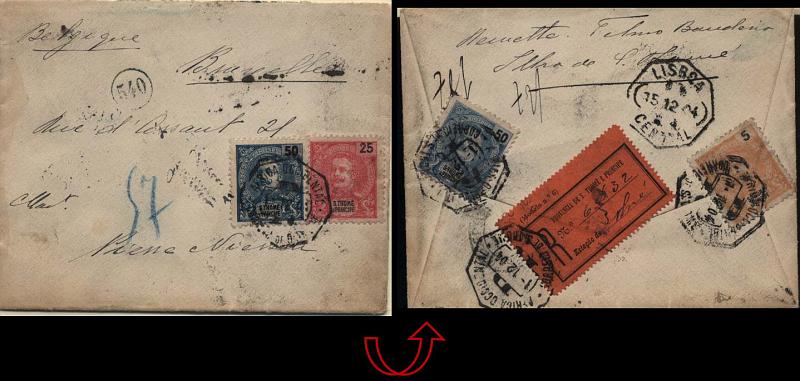 0470.jpg -     Lote:    470            S. Tomé e Príncipe       Descrição:         1898/1903 &mdash; D. Carlos I tipo Mouchon. Sobrescrito circulado registado de S. Tomé (01.12.04) para Bruxelas, com trânsito por Lisboa (15.12.04) com selos de 5, 25 e 50 (2) reis CE44, 49 e 88. B e MR.        Carta       Valor Base:     &euro; 175,00     Valor Venda:     Retirado     