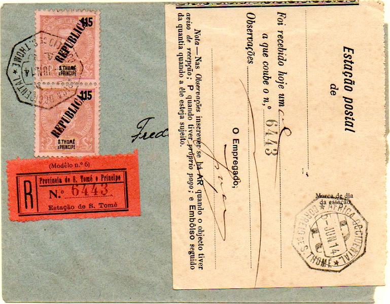 0472.jpg -     Lote:    472            S. Tomé e Príncipe       Descrição:         1913 &mdash; D. Carlos I tipo Mouchon, com sobrecarga REPUBLICA, tipografada localmente, sobre selos de 1903. Sobrescrito circulado registado em S. Tomé (05.06.14) com par de selos de 115 reis laranja s/ rosa CE142. MB e MR.        Carta       Valor Base:     &euro; 500,00     Valor Venda:     &euro; 500,00     