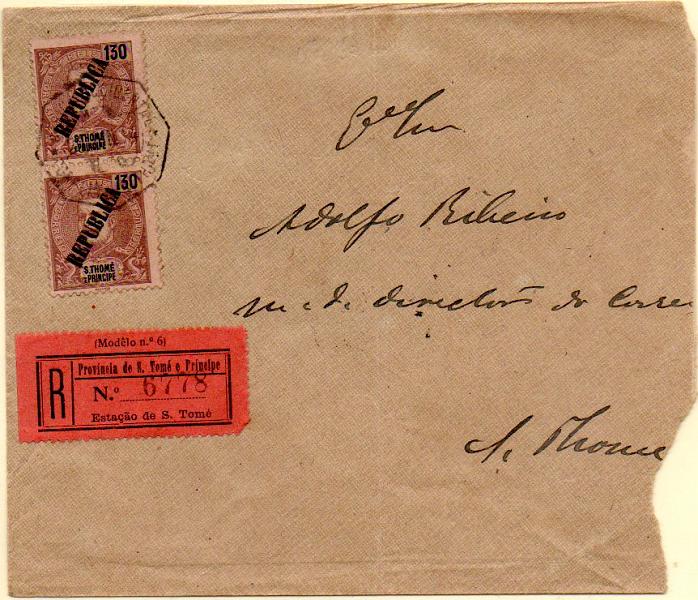0473.jpg -     Lote:    473            S. Tomé e Príncipe       Descrição:         1913 &mdash; D. Carlos I tipo Mouchon, com sobrecarga REPUBLICA, tipografada localmente, sobre selos de 1903. Sobrescrito circulado registado em S. Tomé (21.07.14) com par de selos de 130 reis castanho s/ amarelo CE143. MB e MR.        Carta       Valor Base:     &euro; 500,00     Valor Venda:     &euro; 500,00     