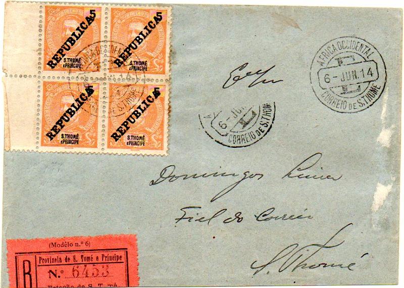 0474.jpg -     Lote:    474            S. Tomé e Príncipe       Descrição:         1913 &mdash; D. Carlos I tipo Mouchon, com sobrecarga REPUBLICA, zincogravada localmente, sobre selos de 1898/1901. Sobrescrito circulado em S. Tomé (06.06.14) com quadra de 5 reis laranja CE147. MB e MR.        Carta       Valor Base:     &euro; 500,00     Valor Venda:     &euro; 500,00     