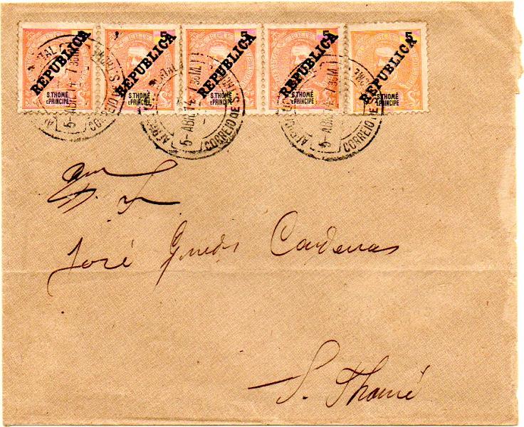 0475.jpg -     Lote:    475            S. Tomé e Príncipe       Descrição:         1913 &mdash; D. Carlos I tipo Mouchon, com sobrecarga REPUBLICA, zincogravada localmente, sobre selos de 1898/1901. Sobrescrito circulado em S. Tomé (05.04.14) com 5 selos de 5 reis laranja CE147. MB e MR.        Carta       Valor Base:     &euro; 500,00     Valor Venda:     &euro; 500,00     