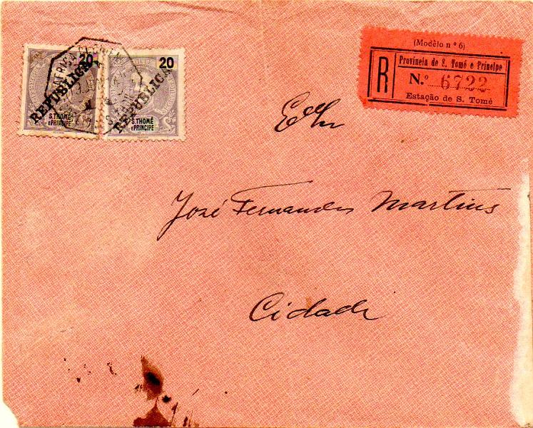 0476.jpg -     Lote:    476            S. Tomé e Príncipe       Descrição:         1913 &mdash; D. Carlos I tipo Mouchon, com sobrecarga REPUBLICA, zincogravada localmente, sobre selos de 1898/1901. Sobrescrito circulado em S. Tomé (19.06.14) com 2 selos de 20 reis violeta cinzento CE148. MB e MR.        Carta       Valor Base:     &euro; 500,00     Valor Venda:     &euro; 500,00     