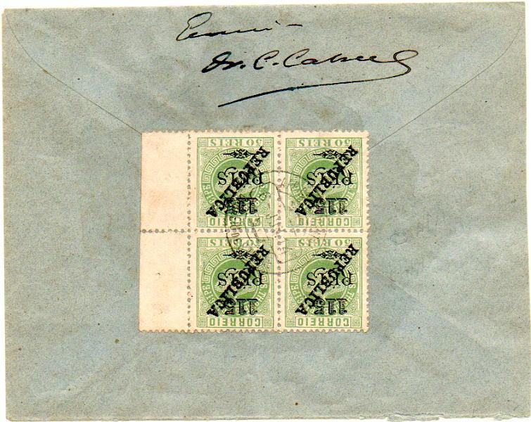 0477.jpg -     Lote:    477            S. Tomé e Príncipe       Descrição:         1913 &mdash; Tipo Coroa, com sobretaxa (1903), com sobrecarga REPUBLICA zincogravada localmente. Sobrescrito circulado registado em S. Tomé (06.06.14) com quadra de 115 s/ 50 reis verde CE153. Valor de catálogo só dos selos &euro; 944,00. MB e MR.        Carta       Valor Base:     &euro; 1000,00     Valor Venda:     &euro; 1000,00     