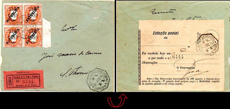 0478.jpg -     Lote:    478            S. Tomé e Príncipe       Descrição:         1913 &mdash; D. Luís I, com sobretaxa (1903), com sobrecarga REPUBLICA zincogravada localmente. Sobrescrito circulado registado em S. Tomé (05.06.14) com quadra de 115 s/ 300 reis laranja CE155. Valor de catálogo só dos selos &euro; 760,00. MB e MR.        Carta       Valor Base:     &euro; 900,00     Valor Venda:     &euro; 1000,00     