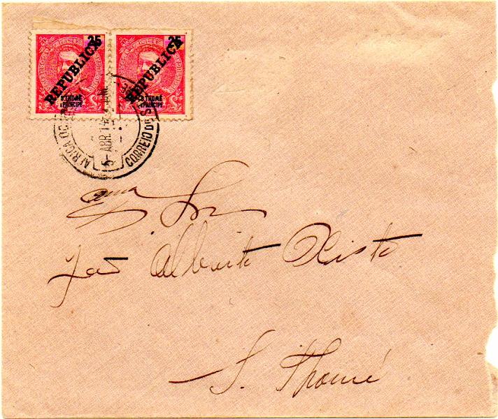 0479.jpg -     Lote:    479            S. Tomé e Príncipe       Descrição:         1913 &mdash; D. Carlos I tipo Mouchon, com sobrecarga REPUBLICA, zincogravada localmente, sobre selos de 1903. Sobrescrito circulado em S. Tomé (05.04.14) com 2 selos de 25 reis carmim CE169. MB e MR.        Carta       Valor Base:     &euro; 500,00     Valor Venda:     &euro; 500,00     