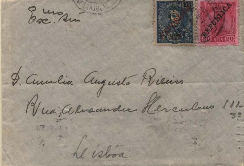 0480.jpg -     Lote:    480            S. Tomé e Príncipe       Descrição:         1912/20 &mdash; D. Manuel II com sobrecarga REPUBLICA + D. Carlos I tipo Mouchon com sobrecarga REPUBLICA tipografada localmente. Sobrescrito circulado de S. Tomé (26.05.20) para Lisboa (11.06.20) com selo de 20 reis carmim CE114 + selo de 100 reis azul s/ azul CE236. B e R.        Carta       Valor Base:     &euro; 100,00     Valor Venda:     Retirado     