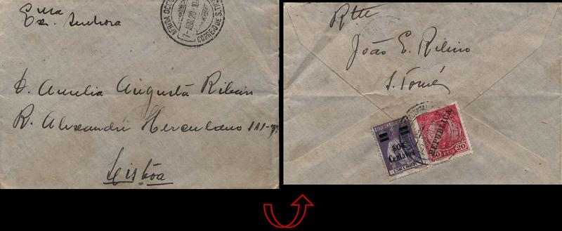 0481.jpg -     Lote:    481            S. Tomé e Príncipe       Descrição:         1912/19 &mdash; D. Manuel II com sobrecarga REPUBLICA + Ceres, com sobretaxa. Sobrescrito circulado de S. Tomé (07.04.20) para Lisboa, com selo de 20 reis D. Manuel II CE114 + selo de $04 s/ 2 &frac12; C violeta CE234. R.        Carta       Valor Base:     &euro; 75,00     Valor Venda:     Retirado     