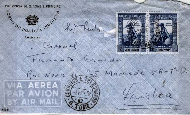 0483.jpg -     Lote:    483            S. Tomé e Príncipe       Descrição:         1939 &mdash; Império Colonial Português. CE332, 1$75 azul. Par circulado em sobrescrito timbrado do Corpo de Polícia Indígena, de S. Tomé (03.02.52) para Lisboa.        Carta       Valor Base:     &euro; 6,00     Valor Venda:     Retirado     