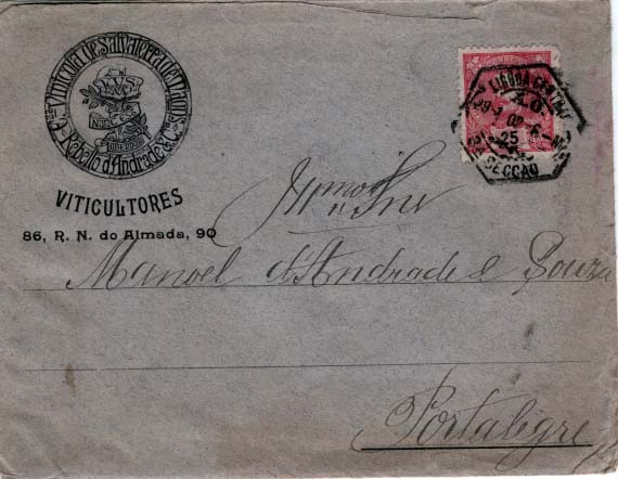 0488.jpg -     Lote:    488                   Descrição:         Cartas publicitárias. Viticultores * Companhia Vinícola de Salvaterra de Magos. 1898/1905 &mdash; D. Carlos I. CE141, 25 reis carmim sobre carta circulada de Lisboa (29.01.02) para Portalegre.        Carta       Valor Base:     &euro; 10,00     Valor Venda:     &euro; 14,00     