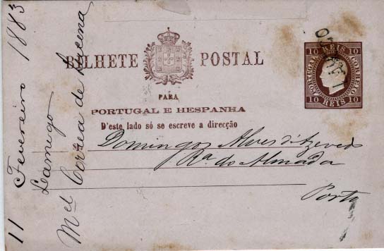 0493.jpg -     Lote:    493            Portugal       Descrição:         1880/81 &mdash; D. Luís. Fita direita. Impressão em relevo. OM7, 10 reis castanho-vermelho, cartolina grossa, circulado de Lamego (11.02.83) para o Porto (12.02.83). Carimbo nominativo batido a preto de "LAMEGO".        IC       Valor Base:     &euro; 20,00     Valor Venda:     &euro; 36,00     