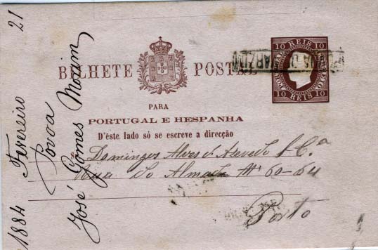 0494.jpg -     Lote:    494            Portugal       Descrição:         1880/81 &mdash; D. Luís. Fita direita. Impressão em relevo. OM7, 10 reis castanho-vermelho, circulado de Póvoa de Varzim (21.02.84) para o Porto (21.02.84). Carimbo nominativo batido a preto de "POVOA DE VARZIM".        IC       Valor Base:     &euro; 15,00     Valor Venda:     &euro; 15,00     