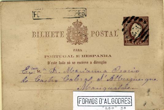0497.jpg -     Lote:    497            Portugal       Descrição:         1880/81 &mdash; D. Luís I. Fita direita. Impressão em relevo. OM7, 10 reis castanho, cartolina grossa, circulado de Fornos de Algodres (28.05.83) para Mangualde. Carimbo nominativo batido a preto de "FORNOS D'ALGODRES". Ligeiros defeitos.        IC       Valor Base:     &euro; 20,00     Valor Venda:     &euro; 32,00     