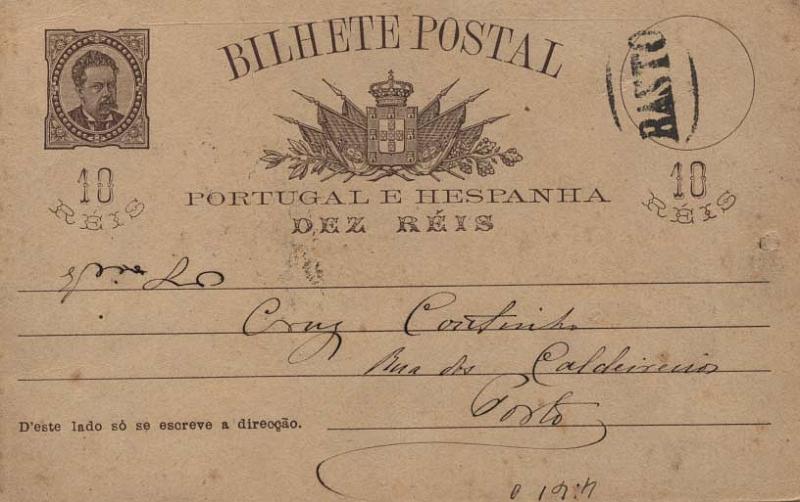 0498.jpg -     Lote:    498            Portugal       Descrição:         1884/87 &mdash; D. Luís I, de frente. OM9, 10 reis castanho-escuro. Circulado de Basto (05.09.86) para o Porto (06.09.86). Carimbo nominativo batido a preto de BASTO.        IC       Valor Base:     &euro; 20,00     Valor Venda:     &euro; 44,00     