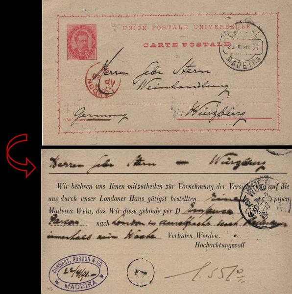 0500.jpg -     Lote:    500            Portugal       Descrição:         1884/87 &mdash; D. Luís I de frente. OM10, 20 reis carmim sobre cartolina  creme, circulado do Funchal (22.04.01) para a Alemanha (29.04.01) com trânsito por Londres (28.04.01). Repicado no verso por "COSSART, GORDON & CO / MADEIRA". MB e MR.        IC       Valor Base:     &euro; 30,00     Valor Venda:     &euro; 44,00     