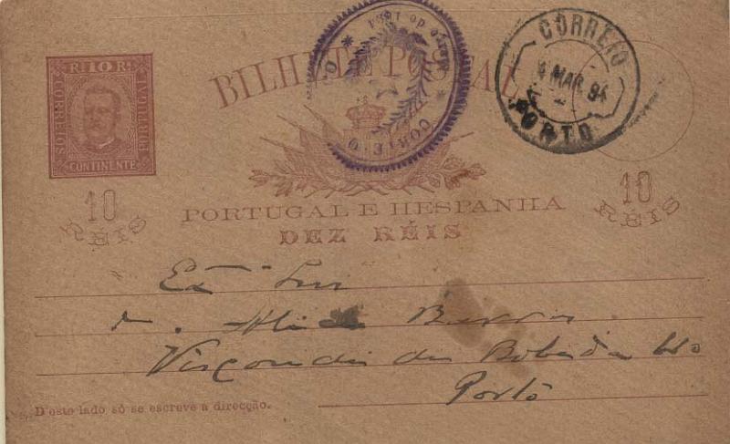 0501.jpg -     Lote:    501            Portugal       Descrição:         1892/95 &mdash; D. Carlos I tipo Mouchon. OM13, 10 reis lilás-castanho sobre cartolina camurça, circulado no Porto (04.03.94). Carimbo batido a violeta  do "CORTELO ALEGÓRICO. MB e R.        IC       Valor Base:     &euro; 25,00     Valor Venda:     Retirado     