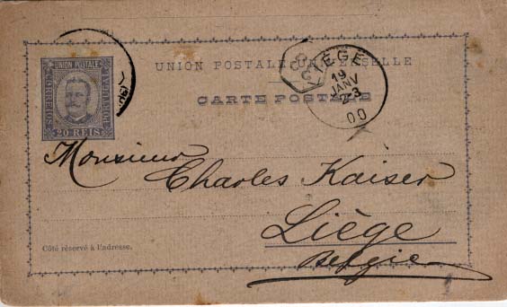 0502.jpg -     Lote:    502            Portugal       Descrição:         1892/95 &mdash; D. Carlos I tipo Diogo Neto. CE14, 20 reis cinzento-violeta, circulado de Lisboa (16.01.900) para Liege (19.01.900). Repicado no verso por: Marx Weinstein & C.º.        IC       Valor Base:     &euro; 8,00     Valor Venda:     &euro; 24,00     