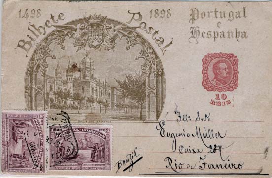 0503.jpg -     Lote:    503            Portugal       Descrição:         1898 &mdash; 4.º Centenário do Descobrimento do Caminho Marítimo para a Índia. OM29B  (Igreja dos Jerónimos), 10 reis lilás-rosa, circulado de Lisboa (09.04.98) para o Rio de Janeiro com 2 selos adicionais de 10 reis do Centenário da Índia, perfazendo o correcto porte de 30 reis. MB e R.        IC       Valor Base:     &euro; 30,00     Valor Venda:     Retirado     