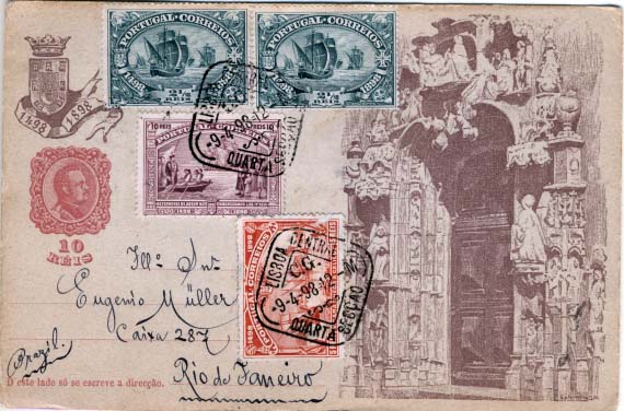 0504.jpg -     Lote:    504            Portugal       Descrição:         1898 &mdash; 4.º Centenário do Descobrimento do Caminho Marítimo para a Índia. OM29G (Porta principal dos Jerónimos), 10 reis lilás-rosa, circulado de Lisboa (09.04.98) para o Rio de Janeiro com selos adicionais de 2 &frac12; (2), 5 e 10 reis do Centenário da Índia, perfazendo o correcto porte de 30 reis. MB e R.        IC       Valor Base:     &euro; 30,00     Valor Venda:     &euro; 85,00     