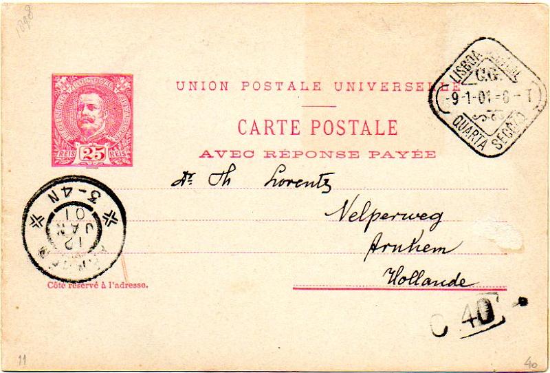 0505.jpg -     Lote:    505            Portugal       Descrição:         1900/1904 &mdash; D. Carlos I tipo Mouchon. CE37, 25+25 reis carmim. Circulado de Lisboa (09.01.01) para a Holanda (12.01.01). Inteiro com as duas folhas. B.        IC       Valor Base:     &euro; 10,00     Valor Venda:     &euro; 10,00     