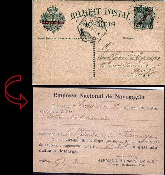 0507.jpg -     Lote:    507            Portugal       Descrição:         1910 &mdash; D. Manuel II, com sobrecarga REPUBLICA. OM52, 10 reis verde, circulado no Porto (05.02.12). Repicado pela EMPREZA NACIONAL DE NAVEGAÇÃO.        IC       Valor Base:     &euro; 7,00     Valor Venda:     &euro; 7,00     