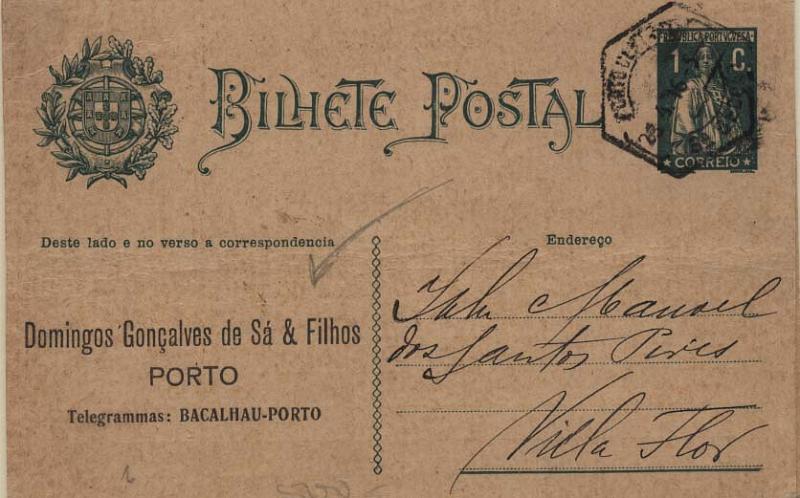 0510.jpg -     Lote:    510            Portugal       Descrição:         1912 &mdash; Ceres. OM59, 1C verde-escuro, circulado do Porto (08.10.17) para Vila Flor. Repicado por DOMINGOS GONÇALVES DE SÁ & FILHOS.        IC       Valor Base:     &euro; 6,00     Valor Venda:     &euro; 18,00     