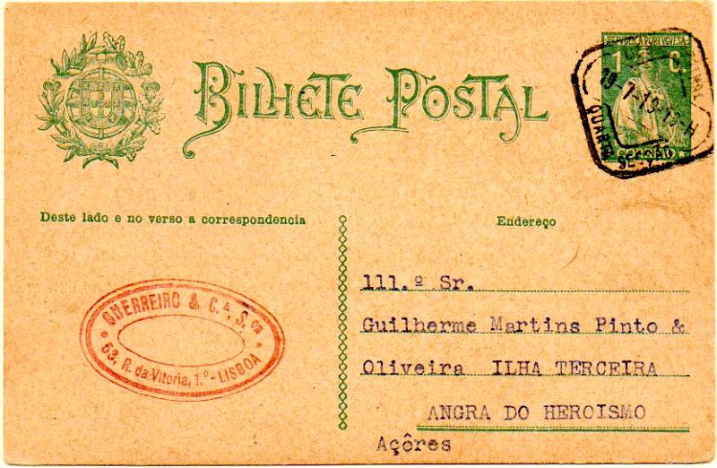 0511.jpg -     Lote:    511            Portugal       Descrição:         1912 &mdash; Ceres. OM59, 1C verde-escuro sobre cartolina camurça, circulado em Lisboa (19.07.19) para Angra do Heroísmo (27.06.19 &mdash; erro de datador). Inteiro repicado no verso a verde "GUERREIRO & C.ª".        IC       Valor Base:     &euro; 12,00     Valor Venda:     &euro; 18,00     