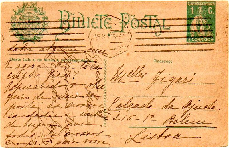 0512.jpg -     Lote:    512            Portugal       Descrição:         Carimbos circulares datados, tipo 1880. 1912 &mdash; Ceres. OM59, 1C verde-escuro sobre cartolina camurça, circulado em Lisboa (29.03.17). Inteiro com o corte deslocado.        IC       Valor Base:     &euro; 15,00     Valor Venda:     Retirado     