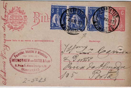 0514.jpg -     Lote:    514            Portugal       Descrição:         192&frac12;2 &mdash; Ceres. OM66, 6C rosa sobre cartolina creme, circulado com 3 selos adicionais de 3C azul CE235 com denteado deslocado lateralmente, de Guimarães (02.05.23) para o Porto. Furo de espigão. MB e R.        IC       Valor Base:     &euro; 5,00     Valor Venda:     &euro; 14,00     