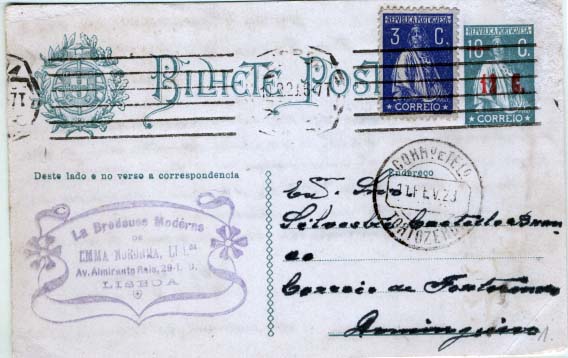 0515.jpg -     Lote:    515            Portugal       Descrição:         1922 &mdash; Ceres com sobretaxa. Aumento de porte. OM71, 12 s/ 18 ctvs azul-verde, cartolina branca, circulado de Lisboa (10.02.23) para Domingueiro com trânsito por Tortozendo, com adicional de 3C azul tipo Ceres CE335. MB e R.        IC       Valor Base:     &euro; 8,00     Valor Venda:     &euro; 10,00     
