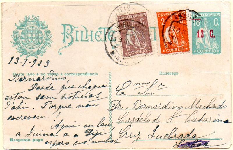 0517.jpg -     Lote:    517            Portugal       Descrição:         1922 &mdash; Ceres com sobretaxa a vermelho. OM72, 12+12C s/ 18+18C. Primeira folha (Resposta Paga) circulada pela Ambulância do Minho (13.07.923) para Lisboa com selos adicionais de 1c e 2c tipo Ceres, CE221 e 223. Inteiro remetido para Bernardino Machado.        IC       Valor Base:     &euro; 50,00     Valor Venda:     &euro; 100,00     