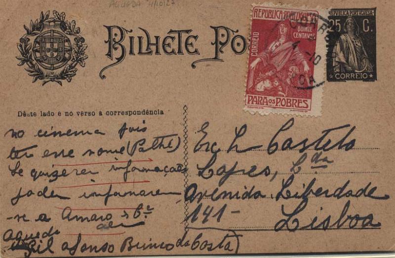0518.jpg -     Lote:    518            Portugal       Descrição:         1924/26 &mdash; Ceres. OM74, 25C preto sobre cartolina camurça. Inteiro circulado de Águeda (04.10.27) para Lisboa, com selos de imposto postal CE IP10 de 15C "Para os Pobres", devido no período de 4 e 5 de Outubro. MB.        IC       Valor Base:     &euro; 8,00     Valor Venda:     &euro; 12,00     