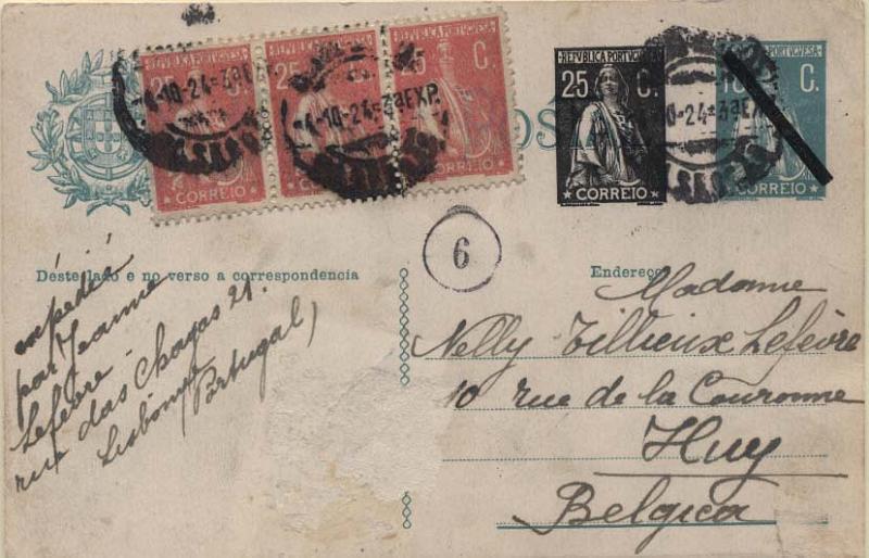 0519.jpg -     Lote:    519            Portugal       Descrição:         1924 &mdash; Ceres com sobretaxa. OM76, 25 s/ 18C azul-verde (novo selo ao lado do primitivo). Inteiro circulado de Lisboa (03.10.24) para a Bélgica, com porte adicional composto por 3 selos de 25C tipo Ceres CE255.        IC       Valor Base:     &euro; 12,00     Valor Venda:     &euro; 32,00     