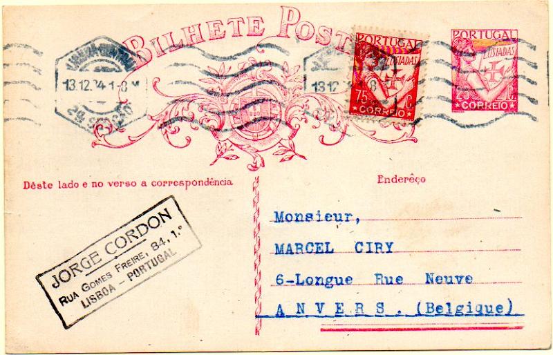 0522.jpg -     Lote:    522            Portugal       Descrição:         1931 &mdash; Lusíadas. OM80, 25C carmim sobre cartolina branca, circulado de Lisboa (13.12.34) para a Bélgica com selo adicional tipo Lusíadas de 75C carmim CE523. MB.        IC       Valor Base:     &euro; 10,00     Valor Venda:     &euro; 22,00     