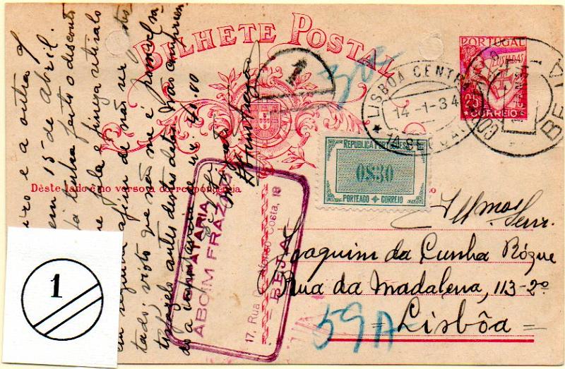 0523.jpg -     Lote:    523            Portugal       Descrição:         1931 &mdash; Lusíadas. OM80, 25C carmim sobre cartolina branca, circulado de Beja (14.01.34) para Lisboa (14.01.34). Por se terem utilizado espaços não permitidos à correspondência foi porteado como carta tendo sido porteado com selo de $30 tipo Etiqueta CE POR48. MB e R.        IC       Valor Base:     &euro; 15,00     Valor Venda:     Retirado     