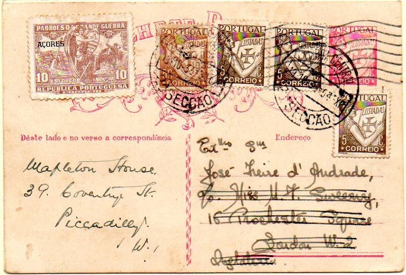0524.jpg -     Lote:    524            Portugal       Descrição:         1931 &mdash; Lusíadas. OM80, 25C carmim sobre cartolina branca. Lote de dois inteiros: um circulado de Lisboa (19.10.35) para Inglaterra com selos adicionais tipo Lusíadas de 5C x 3 e 50C + selo do Imposto Postal Padrões de Guerra com sobrecarga "Açores" de 10C sépia e outro circulado do Porto (20.07.33) para a Alemanha com selos adicionais tipo Lusíadas de 15C x 2 e 40C.        IC       Valor Base:     &euro; 15,00     Valor Venda:     &euro; 15,00     