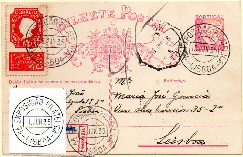 0526.jpg -     Lote:    526            Portugal       Descrição:         1931 &mdash; Lusíadas. OM80, 25C carmim sobre cartolina branca, circulado em Lisboa (15.06.35) com selo adicional de 40C da emissão comemorativa da 1.ª Exposição Filatélica de Portugal. Obliterados com o carimbo comemorativo do evento. MB.        IC       Valor Base:     &euro; 20,00     Valor Venda:     &euro; 36,00     