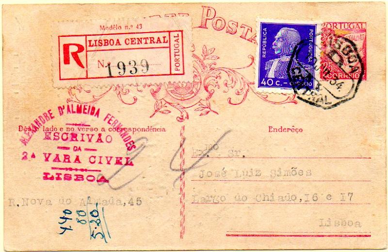 0527.jpg -     Lote:    527            Portugal       Descrição:         1931 &mdash; Lusíadas. OM80, 25C carmim sobre cartolina branca, circulado registado em Lisboa (10.07.34) com selo adicional de 40C da emissão General Carmona CE560.        IC       Valor Base:     &euro; 10,00     Valor Venda:     &euro; 28,00     