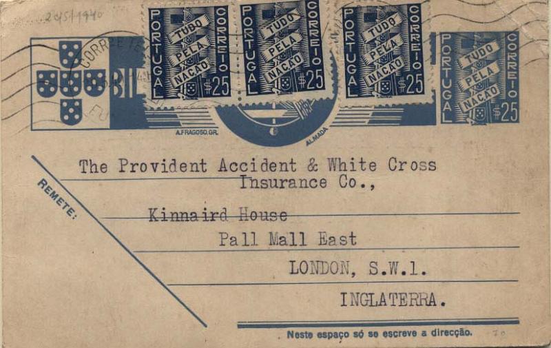 0529.jpg -     Lote:    529            Portugal       Descrição:         1936/39 &mdash; Tudo pela Nação. OM83, $25 azul claro, circulado do Funchal (20.05.40) para Londres com 3 selos adicionais de $25 &mdash; Tudo pela Nação, CE570.        IC       Valor Base:     &euro; 6,00     Valor Venda:     Retirado     