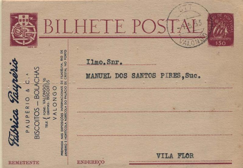 0533.jpg -     Lote:    533            Portugal       Descrição:         1949/50 &mdash; Caravela. OM116, $50 lilás rosa. Lote de 3 inteiros postais circulados e repicados por: FABRICA PAUPÉRIO (frente e verso), SEBASTIÃO SANTOS DA CUNHA, LDª (frente e verso) e CASA DO DOURO (verso).        IC       Valor Base:     &euro; 12,00     Valor Venda:     &euro; 14,00     