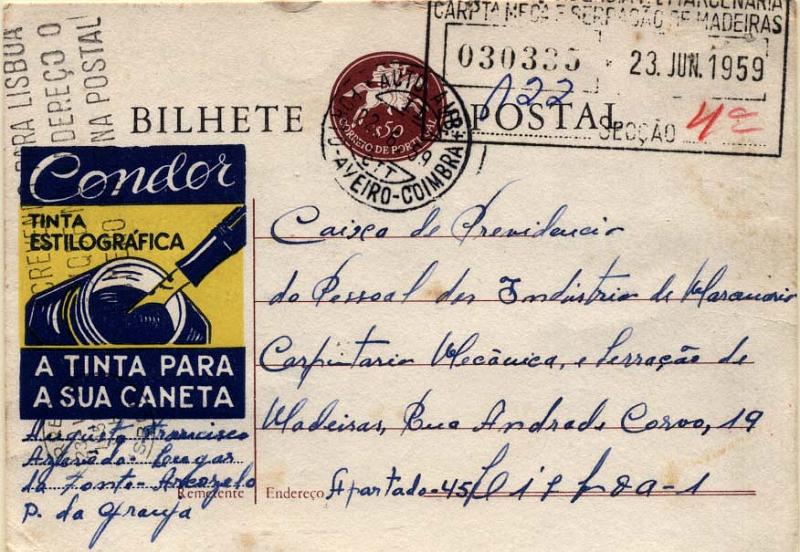 0534.jpg -     Lote:    534            Portugal       Descrição:         1957 &mdash; Postilhão. OM138, $50 vermelho castanho-lilás, circulado pela Auto Ambulância Porto-Aveiro-Coimbra (22.06.59) para Lisboa. Inteiro repicado "CONDOR / TINTA ESTILOGRÁFICA / A TINTA PARA / A SUA CANETA". MB.        IC       Valor Base:     &euro; 10,00     Valor Venda:     &euro; 22,00     