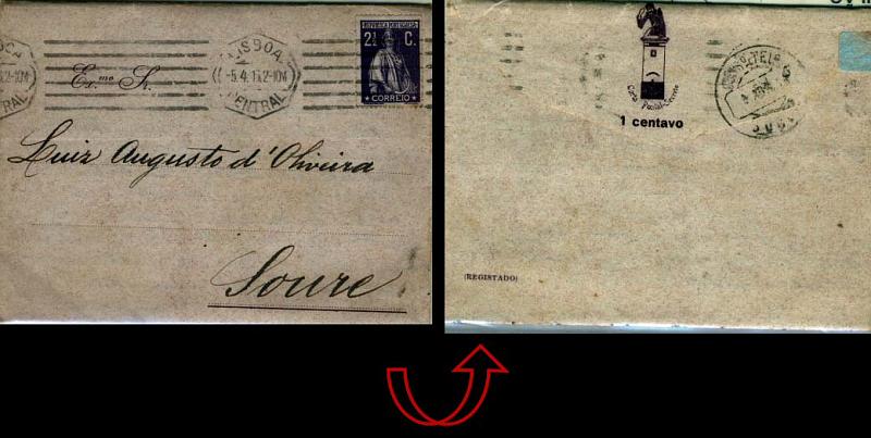 0548.jpg -     Lote:    548            Portugal       Descrição:         1916 &mdash; Carta Postal Secreto, com selo tipo Ceres de 2 &frac12; C, CE211, circulada de Lisboa (05.04.16) para Soure (06.04.16). Preço de 1$00 impresso na pala. Carta postal apenas com anunciantes de Coimbra. Bom para a temática sobre automóveis. MB e MR.        IC       Valor Base:     &euro; 300,00     Valor Venda:     &euro; 550,00     