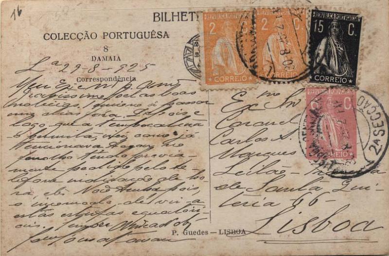 0549.jpg -     Lote:    549            Portugal       Descrição:         1921 &mdash; Bilhetes-postais Particulares. Colecção Portuguesa. Ilustrados no verso com aguarelas de Roque Gameiro. Selo tipo Ceres. CE BPP5 (8 &mdash; DAMAIA), 6C rosa escuro, circulado em Lisboa (20.08.25) com selos adicionais tipo Ceres de 2C laranja e 15C preto CE223 e 253.        IC       Valor Base:     &euro; 20,00     Valor Venda:     &euro; 38,00     