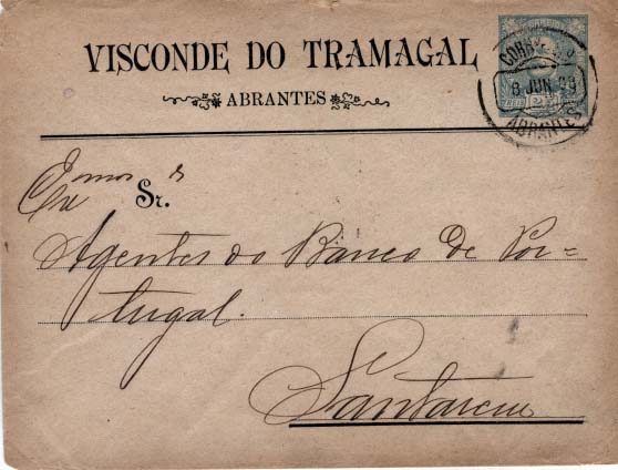 0554.jpg -     Lote:    554            Portugal       Descrição:         1893 &mdash; D. Carlos I tipo Diogo Neto. OM3, 25 reis verde, papel camurça, circulado de Abrantes (08.06.98) para Santarém (09.06.98). Repicado por VISCONDE TRAMAGAL.        IC       Valor Base:     &euro; 15,00     Valor Venda:     &euro; 34,00     