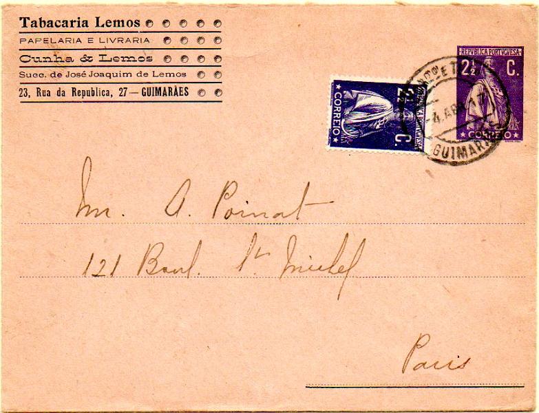 0557.jpg -     Lote:    557            Portugal       Descrição:         1912 &mdash; Sobrescritos. Ceres. OM11, 2 &frac12; violeta escuro sobre papel camurça rosado, corte tipo II, circulado de Guimarães (04.04.17) para Paris, com selo adicional tipo Ceres de 2 &frac12; c. Repicado por: TABACARIA LEMOS.        IC       Valor Base:     &euro; 25,00     Valor Venda:     &euro; 80,00     
